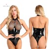 Sexy BDSM Lingerie Leather Halter Crotch Mesh Bodysuit 