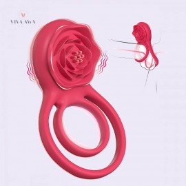 7 Vibrations Pleasure Penis Ring with Rose Clitoral Stimulator Male Couple Sex Toy