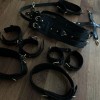 Full leather BDSM set, woman submissive gear, BDSM set, bondage harness, harness set, leather clothing, wrist ankle cuffs, collar with leash