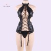 Women Leather Lingerie Bodysuit With Garter Jumpsuit Tops