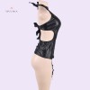 Women Leather Lingerie Bodysuit With Garter Jumpsuit Tops