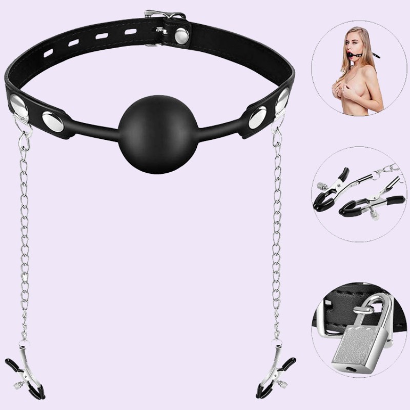 Ball Gag With Nipple Clamps Lock And Key BDSM Bondage Toys