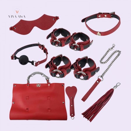 BDSM Toys India Bondage Kit Premium Leather 8 Pcs Red