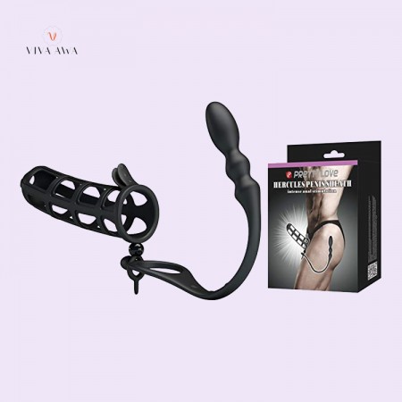 Black Silicone Butt Plug Inserted Penis Sleeve For Gay Sex