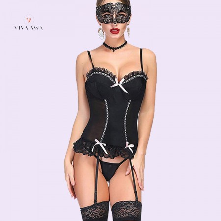 Sexy Lace Corset Bustier Waist Shaper Lingerie Set