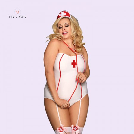 Sexy White Role Play Plus Size Lingerie Nurse Set Role Play Uniform 4 Piece Set